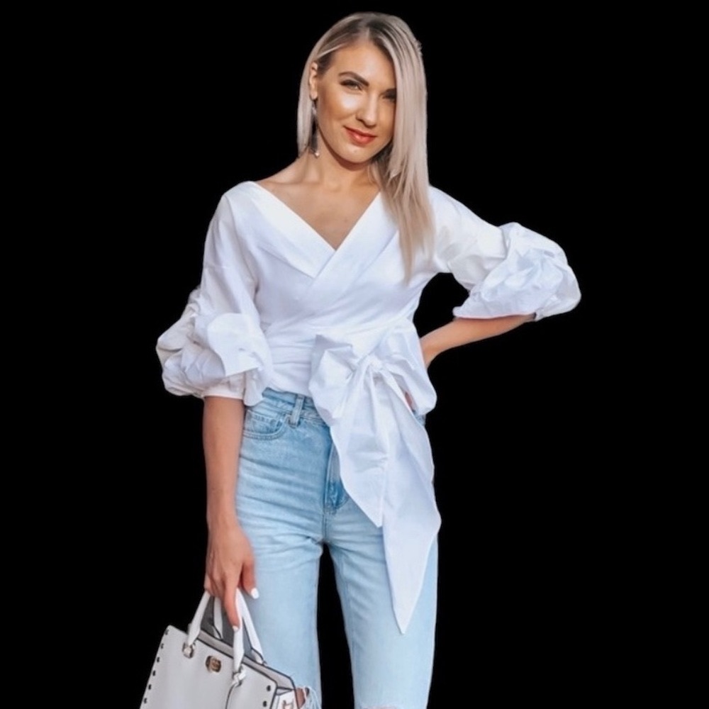 Chicwish, size small, white wrap blouse, top, oversized puffy sleeves
